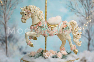Newborn Christmas Digital Backdrop, Carousel Horses Photo Background, Holiday Baby Prop, Winter Rocking Horse, Photoshop & Canva Template