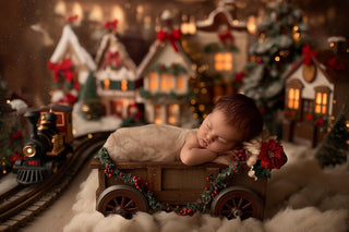 baby with christmas train backdrop, holiday newborn photo prop, face swap overlay for festive portraits