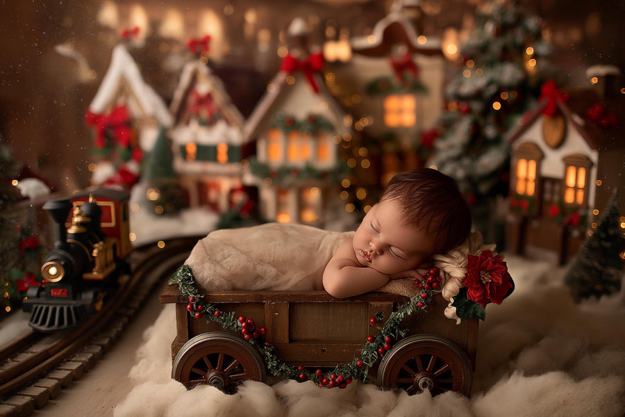 baby with christmas train backdrop, holiday newborn photo prop, face swap overlay for festive portraits