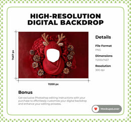 Newborn Red Christmas Digital Backdrop, Reindeer Face Swap Overlay, Studio Photo Background, Holiday Baby Prop, Photoshop & Canva Template
