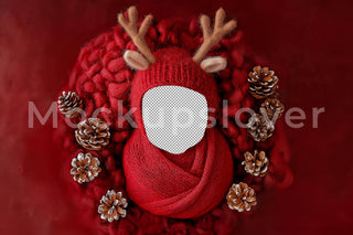 Newborn Red Christmas Digital Backdrop, Reindeer Face Swap Overlay, Studio Photo Background, Holiday Baby Prop, Photoshop & Canva Template