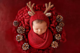 newborn baby with reindeer face swap, holiday photo template, christmas digital backdrop for photoshop and canva