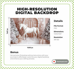 Pink Christmas Princess Studio Digital Backdrop, Winter Wonderland Photo Background, Holiday Kids Portrait Prop, Photoshop & Canva Template