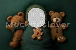 Christmas Newborn Digital Photography Background, Face Swap Overlay, Holiday Gingerbread Backdrop, Baby Prop, Teddy Bear, Photoshop Template