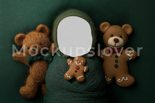 Christmas Newborn Digital Photography Background, Face Swap Overlay, Holiday Gingerbread Backdrop, Baby Prop, Teddy Bear, Photoshop Template