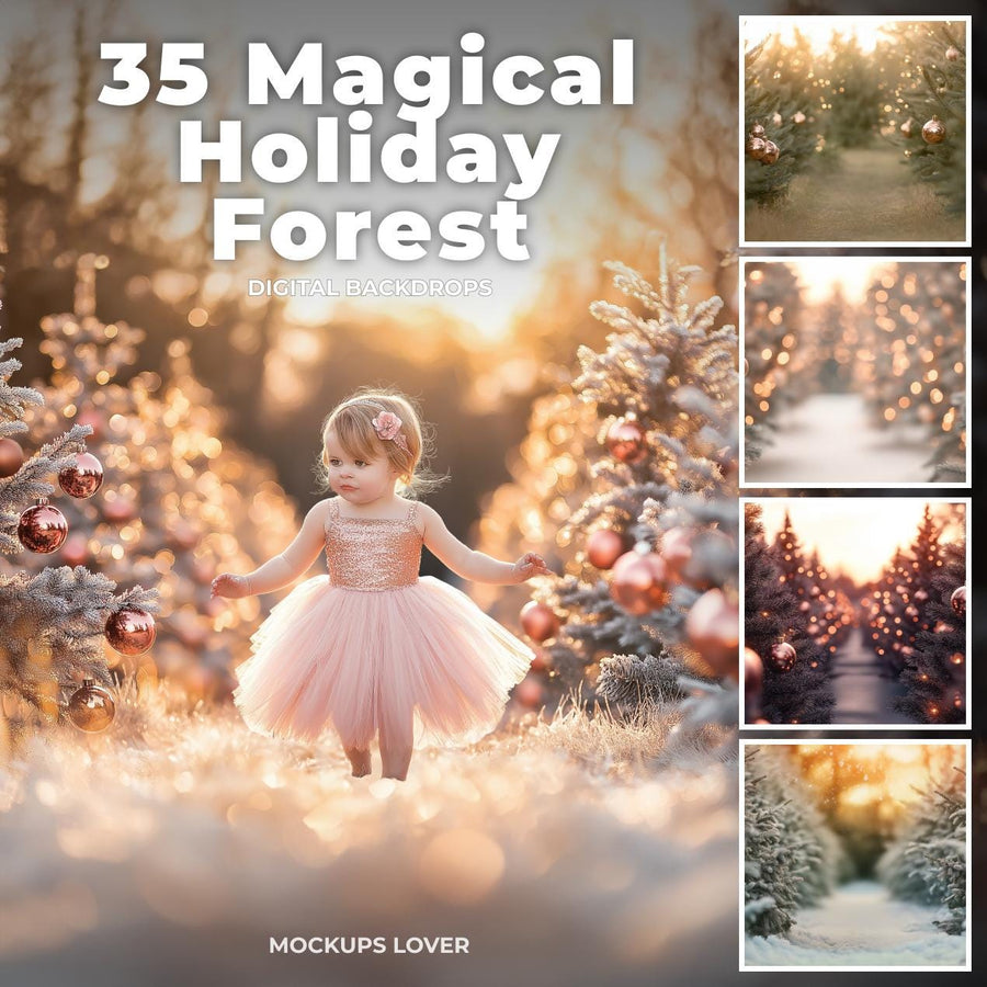 christmas tree farm scene with lights, snow, and trees, ideal for holiday photography and festive backgrounds