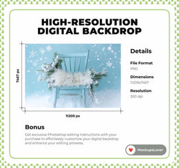 Newborn Rustic Christmas Digital Backdrop, Winter Wonderland Background, Blue Studio, Holiday Portrait Baby Prop, Photoshop & Canva Template