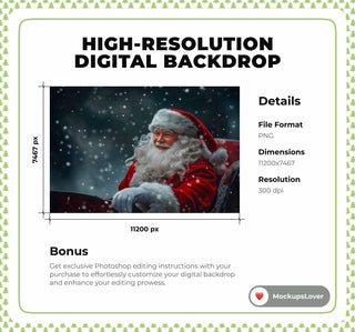 Christmas Santa Claus Digital Backdrop, Santa Sleigh Background, Holiday Kids Portrait Prop, Winter Wonderland, Photoshop & Canva Template