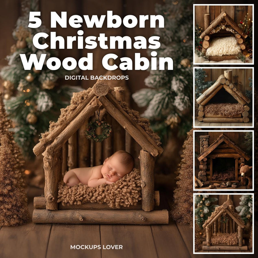 newborn baby in a rustic christmas winter wonderland scene, festive backdrop for holiday photography