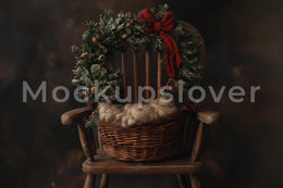 Rustic Newborn Digital Backdrop, Christmas Wreath, Holiday Studio Background, Wooden Bowl, Baby Portrait Prop, Photoshop & Canva Template