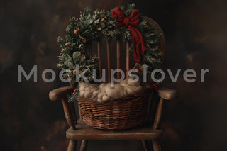Rustic Newborn Digital Backdrop, Christmas Wreath, Holiday Studio Background, Wooden Bowl, Baby Portrait Prop, Photoshop & Canva Template