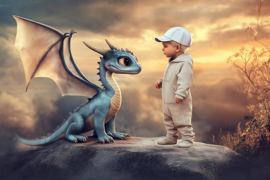 kids outdoor photo prop with dragon and mountain backdrop, perfect for fantasy photo sessions