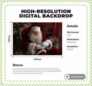 Santa Claus Holding Newborn Digital Backdrop, Christmas Photo Background, Xmas Holiday Baby Prop, Photoshop & Canva Template, Photo Editing