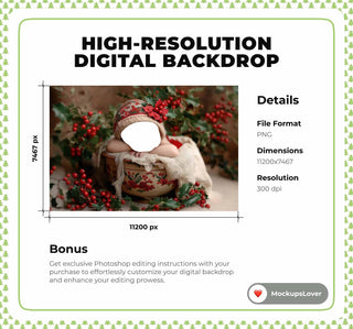 Christmas Newborn Digital Photography Backdrop, Face Swap, Holiday Background, Rustic Studio Baby Prop, Holly Berry, Photoshop Overlay