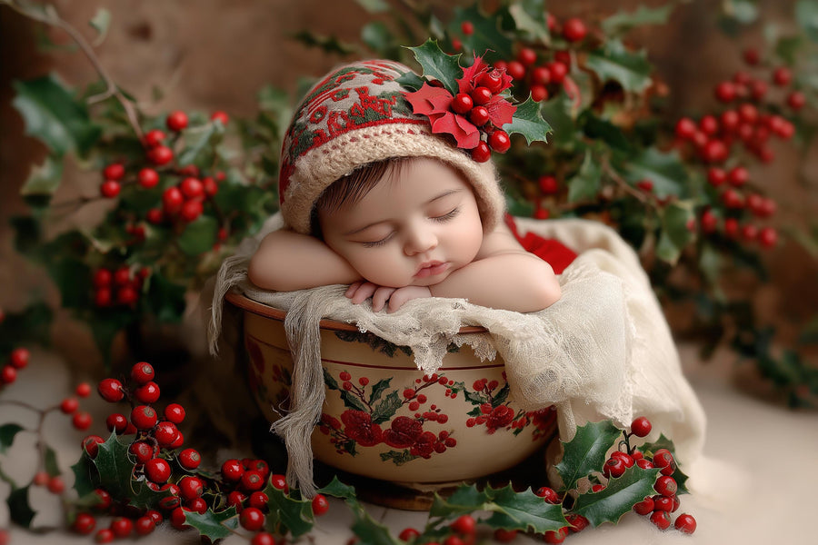 newborn in christmas digital backdrop with holly berry and rustic holiday props in vintage style
