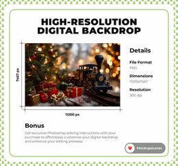 Christmas Train Digital Backdrop, Holiday Kids Portrait Prop, Winter Wonderland Photo Background, Bokeh, Photoshop & Canva Template