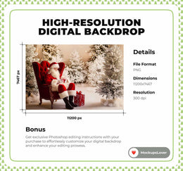 Santa Claus Digital Photo Background, Christmas Backdrop, Holiday Kids Portrait Prop, Winter Wonderland, Photoshop & Canva Template