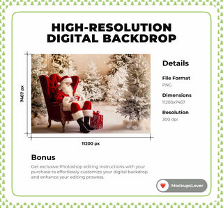 Santa Claus Digital Photo Background, Christmas Backdrop, Holiday Kids Portrait Prop, Winter Wonderland, Photoshop & Canva Template