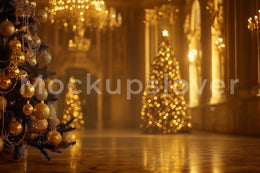 Christmas Castle Digital Photography Background, Holiday Princess Backdrop, Golden Xmas, Winter Kids Portrait Prop, Photoshop Template