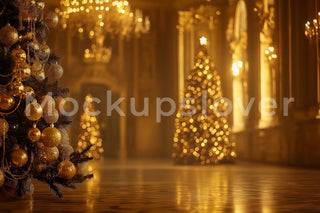 Christmas Castle Digital Photography Background, Holiday Princess Backdrop, Golden Xmas, Winter Kids Portrait Prop, Photoshop Template