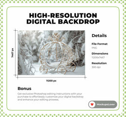 Christmas Digital Princess Background, Santa's Carriage, Winter Wonderland Backdrop, Forest, Holiday Kids Prop, Photoshop & Canva Template