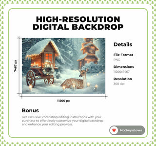 Country Christmas Digital Backdrop, Winter Wonderland Photo Background, Reindeer, Woodland Creatures, Holiday Kids Prop, Photoshop Template