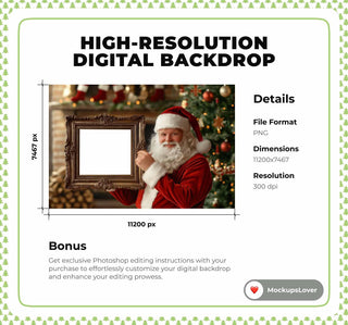 Christmas Digital Photography Background, Santa Holding a Frame Photo Template, Holiday Backdrop, Photoshop Composite Overlay, PNG