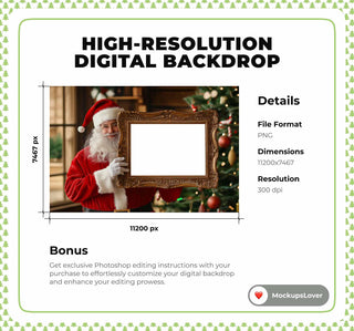 Christmas Frame Overlay, Portrait Digital Photography Background, Santa Claus Backdrop, Holiday Family & Kids Photo Prop, Photoshop Template