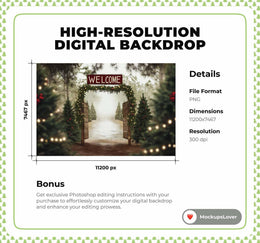 Rustic Christmas Tree Farm Digital Backdrop, Forest Arch Background, Holiday Kids Photo Prop, Winter Wonderland, Photoshop & Canva Template