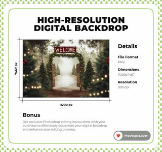 Rustic Christmas Tree Farm Digital Backdrop, Forest Arch Background, Holiday Kids Photo Prop, Winter Wonderland, Photoshop & Canva Template