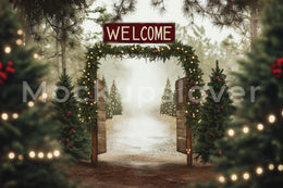 Rustic Christmas Tree Farm Digital Backdrop, Forest Arch Background, Holiday Kids Photo Prop, Winter Wonderland, Photoshop & Canva Template