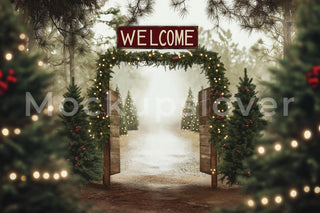 Rustic Christmas Tree Farm Digital Backdrop, Forest Arch Background, Holiday Kids Photo Prop, Winter Wonderland, Photoshop & Canva Template