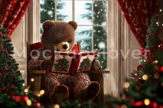 Cozy Christmas Digital Backdrop, Brown Bear, Woodland Creatures Photo Background, Holiday Kids Prop, Photoshop & Canva Template