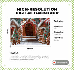 Gingerbread House Digital Backdrop, Christmas Cookies Photo Background, Holiday Kids Prop, Winter Wonderland, Photoshop & Canva Template