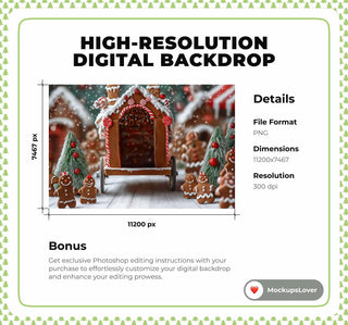 Gingerbread House Digital Backdrop, Christmas Cookies Photo Background, Holiday Kids Prop, Winter Wonderland, Photoshop & Canva Template