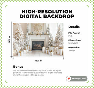 Christmas White Studio Digital Backdrop, Winter Wonderland Background, Fireplace, Holiday Kids, Family Portrait, Photoshop & Canva Template