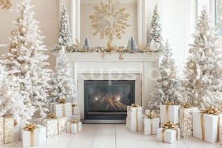 Christmas White Studio Digital Backdrop, Winter Wonderland Background, Fireplace, Holiday Kids, Family Portrait, Photoshop & Canva Template