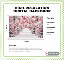 Pink Christmas Digital Background, Candy Cane Arch Backdrop, Holiday Kids Prop, Winter Wonderland, Photoshop & Canva Template