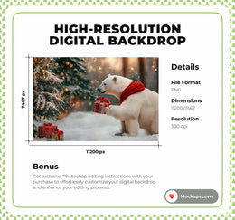 Polar Bear Digital Photo Background, Christmas Backdrop, Holiday Kids Prop, Winter Wonderland, Woodland Animals, Photoshop & Canva Template