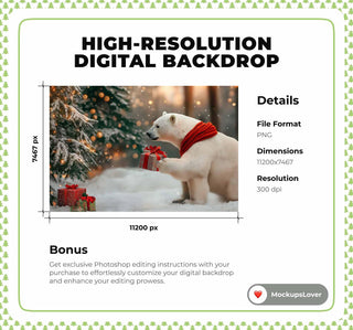 Polar Bear Digital Photo Background, Christmas Backdrop, Holiday Kids Prop, Winter Wonderland, Woodland Animals, Photoshop & Canva Template