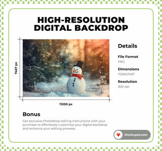 Snowman Christmas Digital Photography Background, Holiday Backdrop, Xmas Children Prop, Winter Wonderland, Photoshop Template