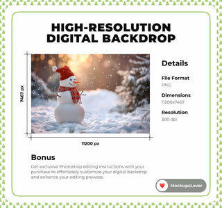 Snowman Digital Christmas Backdrop, Winter Wonderland Photo Background, Snowy Forest, Holiday Kids Prop, Photoshop & Canva Template