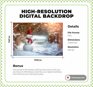Rustic Christmas Snowman Digital Backdrop, Winter Wonderland Photo Background, Holiday Kids Prop, Photoshop & Canva Template