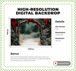 Christmas Digital Arch Backdrop, Forest Background, Red Ornaments, Holiday Kids Portrait Prop, Photoshop & Canva Template