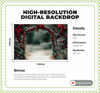 Christmas Digital Arch Backdrop, Forest Background, Red Ornaments, Holiday Kids Portrait Prop, Photoshop & Canva Template