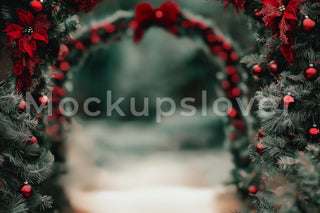 Christmas Digital Arch Backdrop, Forest Background, Red Ornaments, Holiday Kids Portrait Prop, Photoshop & Canva Template