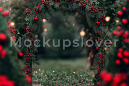Christmas Arch Digital Photography Background, Winter Pine Tree Archway Backdrop, Xmas Holiday Kids Photo Portrait, Photoshop Template