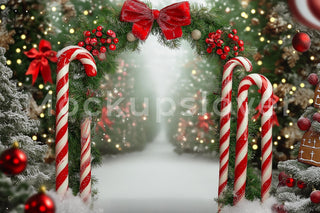 Christmas Candy Cane Digital Background, Arch Backdrop, Winter Wonderland, Holiday Kids Prop, Fantasy Forest, Photoshop & Canva Template