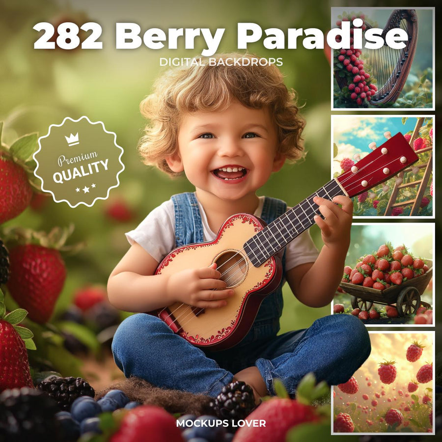 children playing in a summer field with baskets of strawberries and blueberries, fantasy photography backdrop