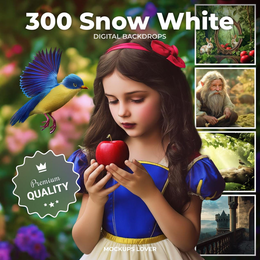 scene of snow white with magical animals and dwarves, suitable as a cover for fairy tale digital sets